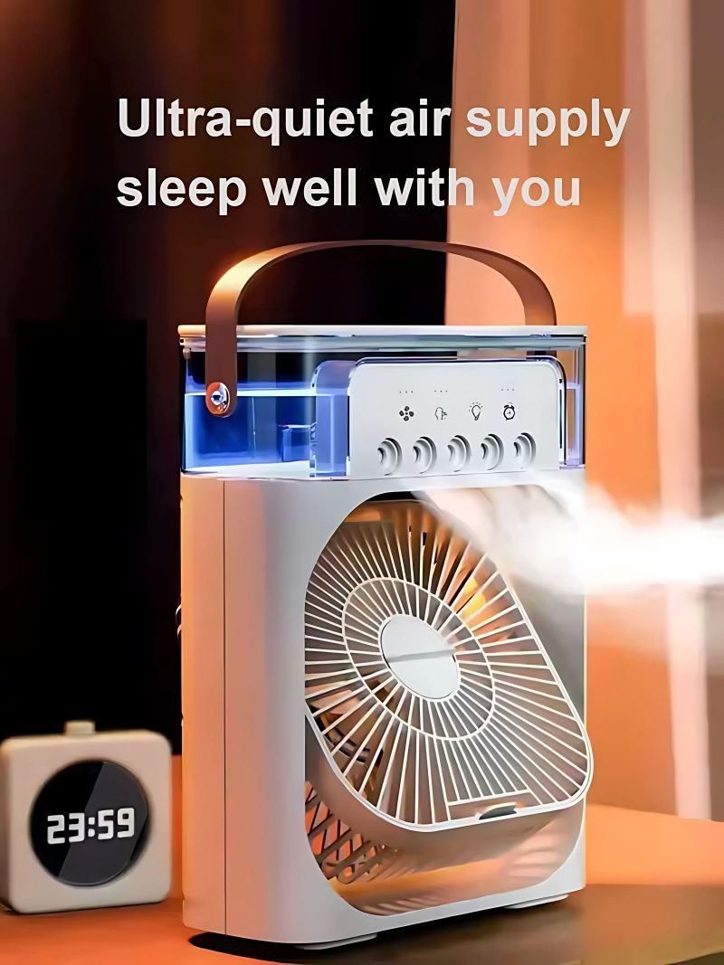 Ventoinha Humidificadora Portátil 3-em-1 com Luz LED e Aromaterapia